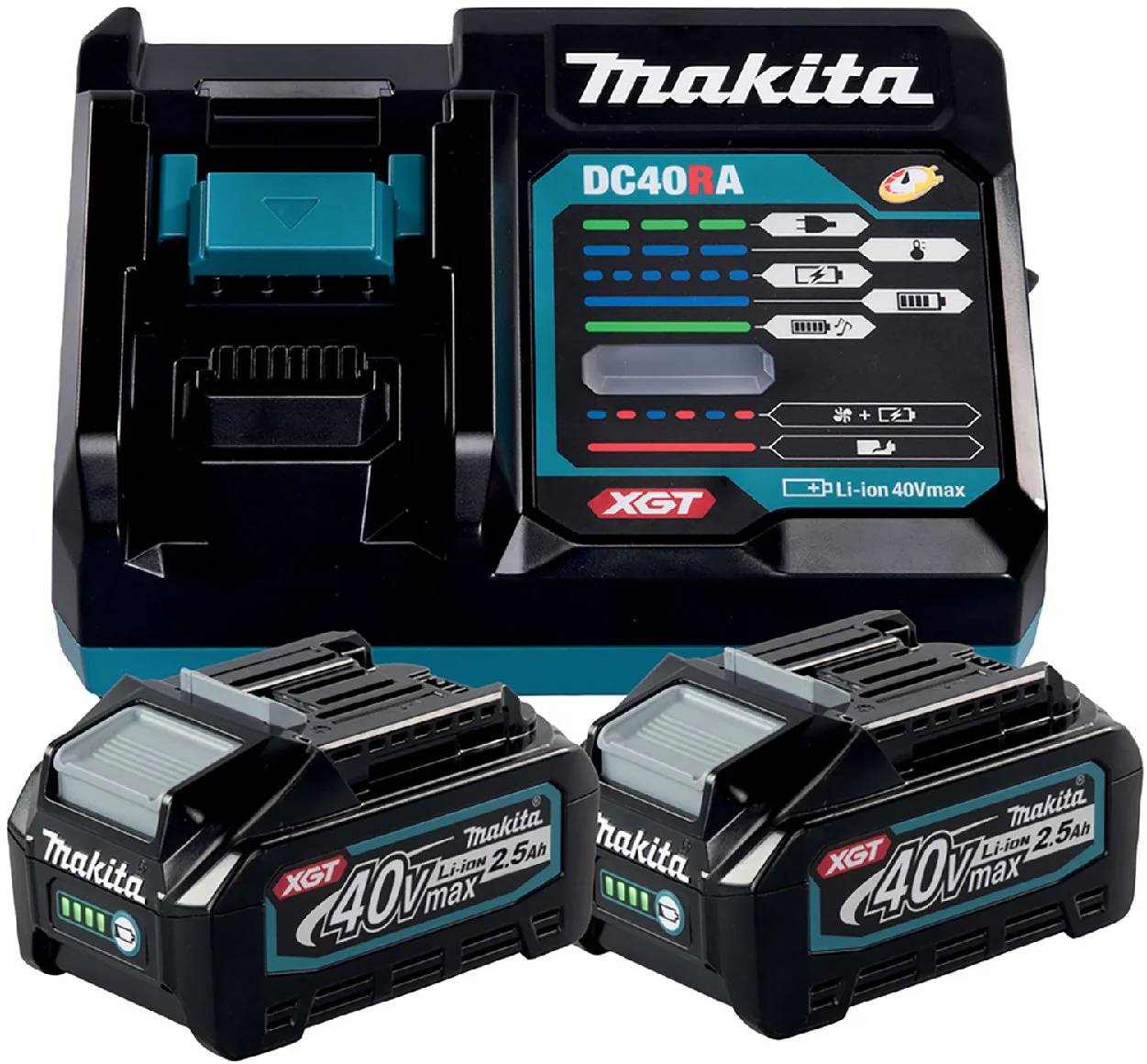 Makita Akku Power Source Kit Li 40V 2,5 Ah mit 2 x Akku BL4025, 2,5 Ah und Schnellladegerät DC40RA